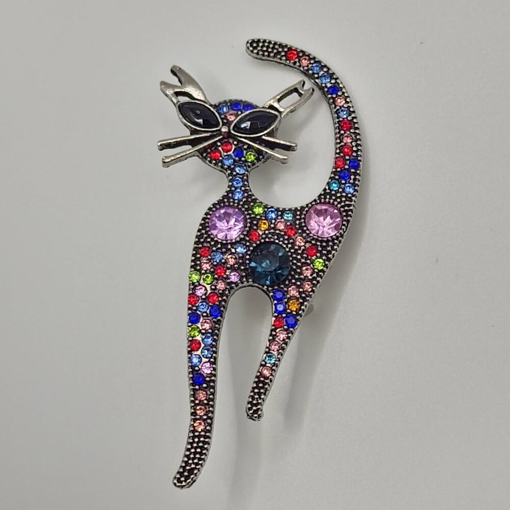 Retro Cat Brooch Multicolor Jewel Tone Colors Rhinestone Silver Tone Metal